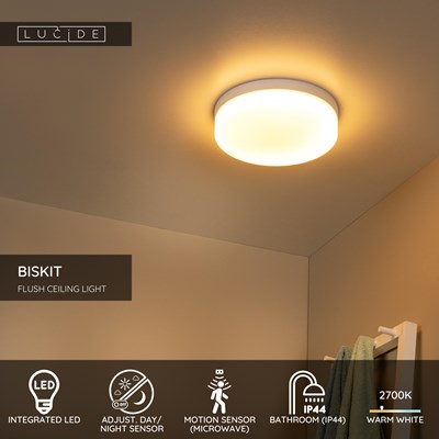 Lucide BISKIT - Flush ceiling light Bathroom - Ø 28 cm - LED - 1x18W 2700K - IP44 - Motion Sensor - White